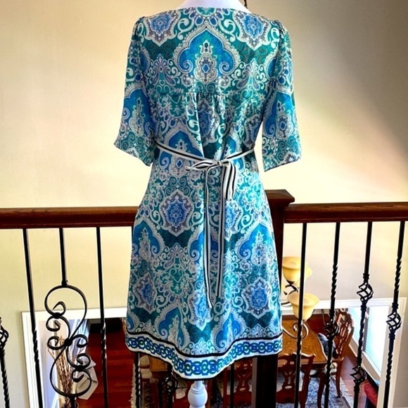Phoebe Couture Blue & Green Silk Boho Short Sleeves Mini Dress size 8 - Picture 4 of 14